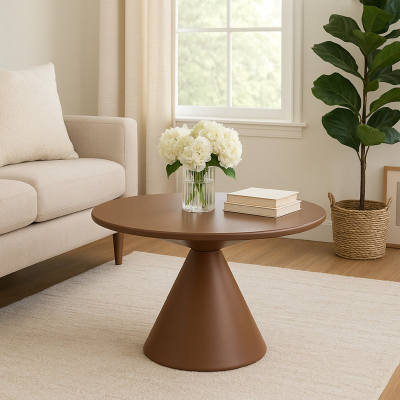 Jammy Plant Stand Table, Round Top, Brown Metal Cone Base, 16.25" H x 23.75" W x 23.75" D