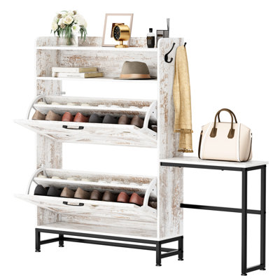 Armoire à chaussures blanche pour les entrées, 2 tiroirs rabattables avec fentes réglables, rétro rustique, basculante, option polyvalente Support à la maison: blanc, fentes et tablette design