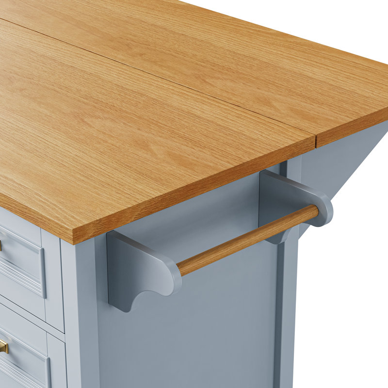 Armoire de cuisine à panneaux texturés de 52 po, table d'appoint pliable, porte-assaisonnement et barre à serviettes suspendue, 2 portes fermées, 5 tiroirs coulissants, tablette intérieure réglable en hauteur, bleu-gris