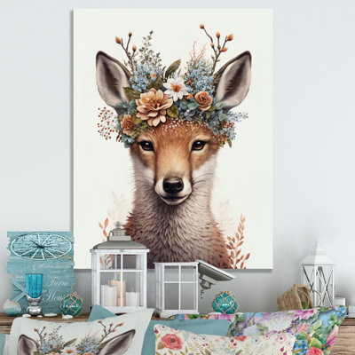 Mignon bébé renard avec couronne florale V - animaux, art mural sur toile