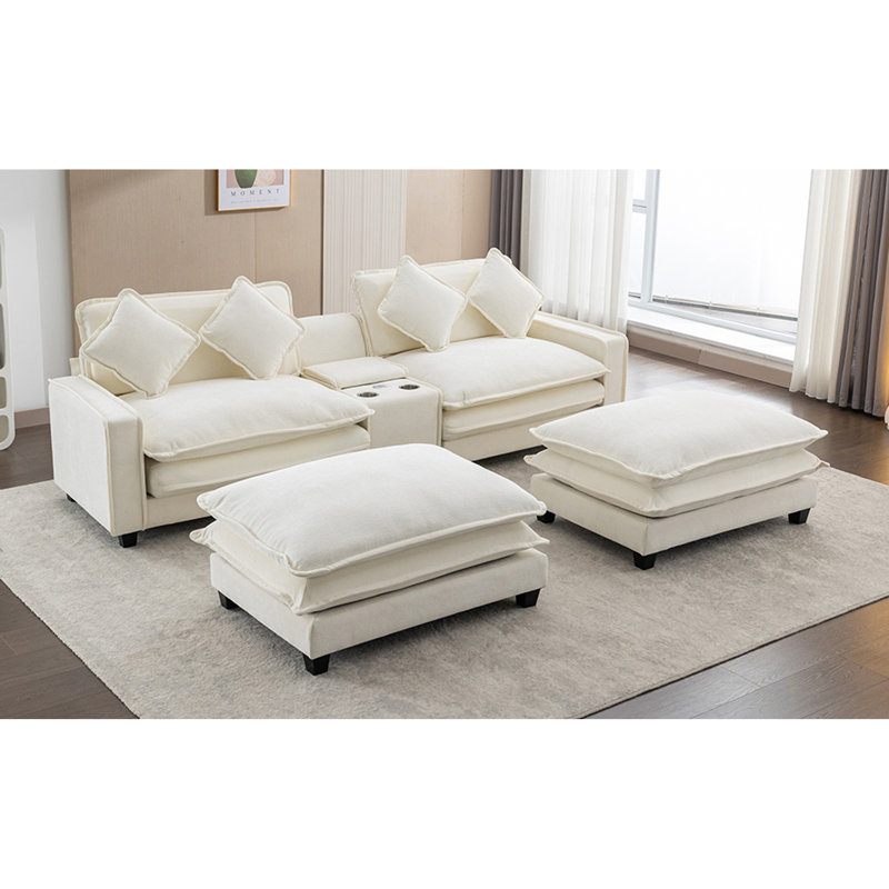 111 Inch Chenille Upholstered Sectional Sofa With Removable Ottomans, USB Ports, Cup Holders, And Large Storage For Living Room Comfort