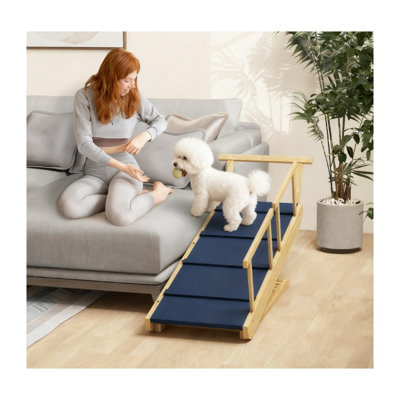 Adjustable Height Foldable Pet Stairs with Wooden Frame for Dogs up to 88 lbs, Natural Wood, 4-Level Adjustable