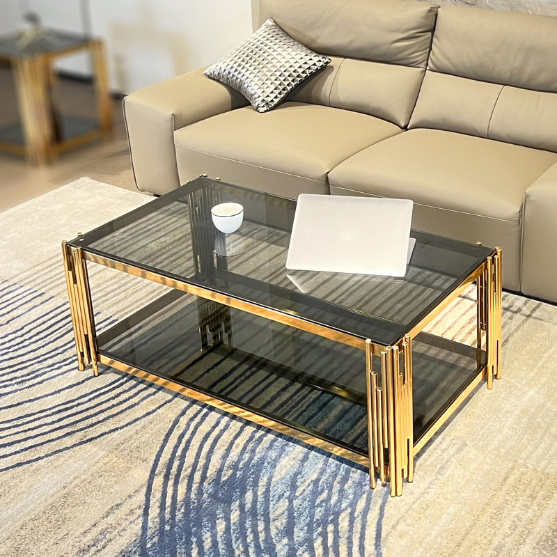 47.24" Wide Rectangular Coffee Table With Tempered Glass Top, Stainless Steel Double-layer Coffee Table For Living Room, Gold