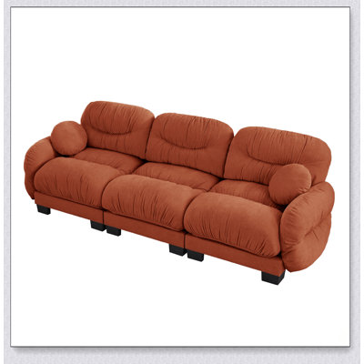 Canapé modulaire confortable en chenille plissé 3 places avec siège ergonomique en mousse haute densité, accoudoirs arrondis arrondis et 2 coussins décoratifs ronds