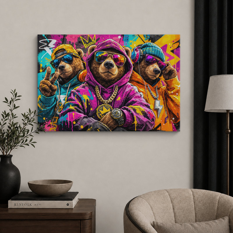 «Hip Hop Bear Graffiti», impression sur toile, impression sur toile encadrée, H 16 po x l 24 po x P 1,5 po, Toile tendue