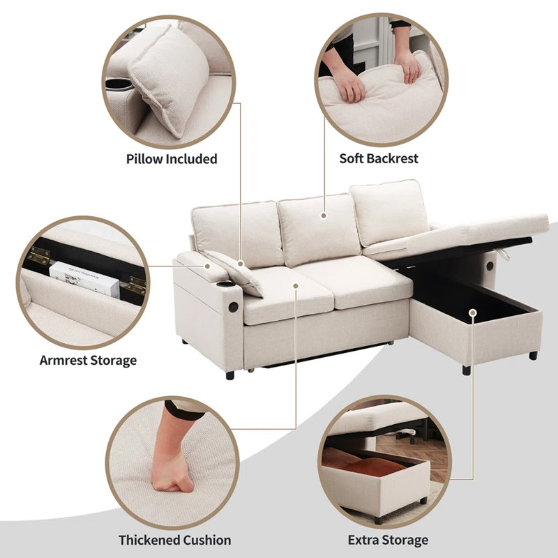 Canapé-lit rembourré de 81 po de largeur et peu encombrant, Mélange de lin beige