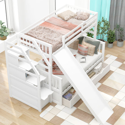 Lit superposé simple au dessus d'un lit double multifonctionnel avec tiroirs de rangement, glissières et échelle, lit mezzanine blanc pour enfant peu encombrant