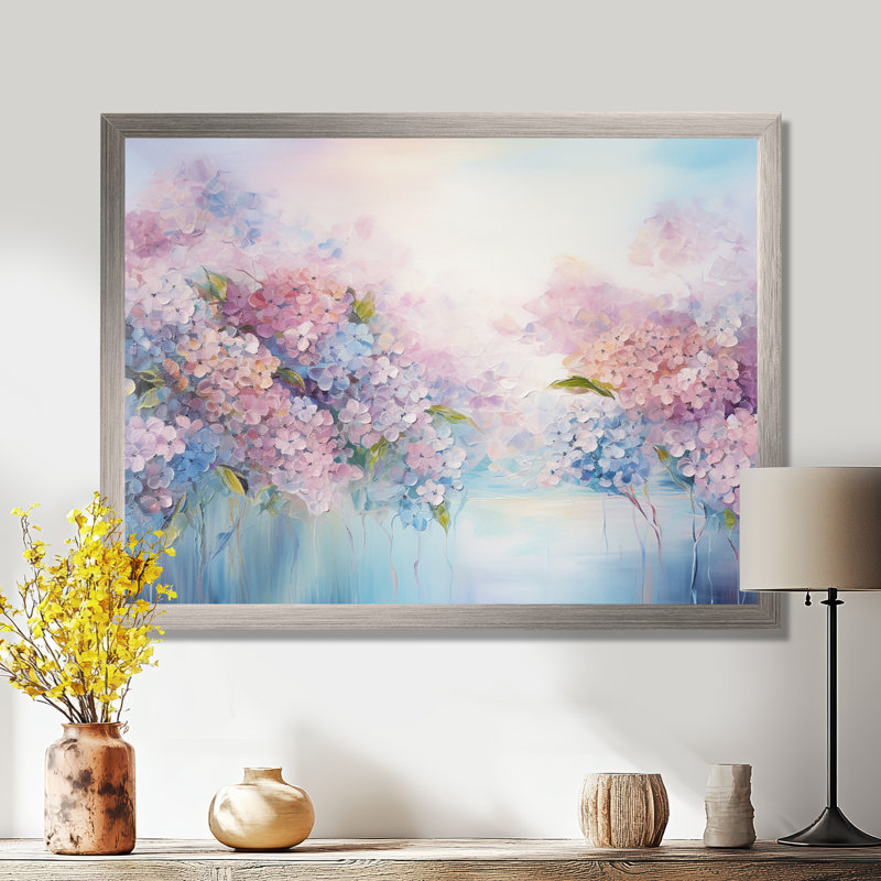 Hortensia bleue et rose Solitude dans la nature - décoration murale champ de fleurs, H 30 po x l 40 po, Cadre simple argenté