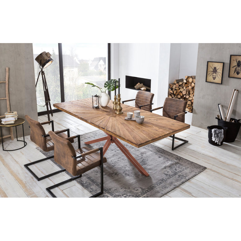 Isaac Teak Solid Wood Top Metal Base Dining Table, Antique Brown, 77cm H x 180cm L x 100cm W