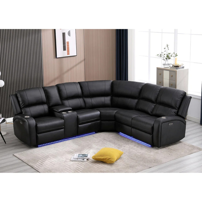 Elroy Faux Leather Power Reclining Sectional with LED, Black Faux Leather