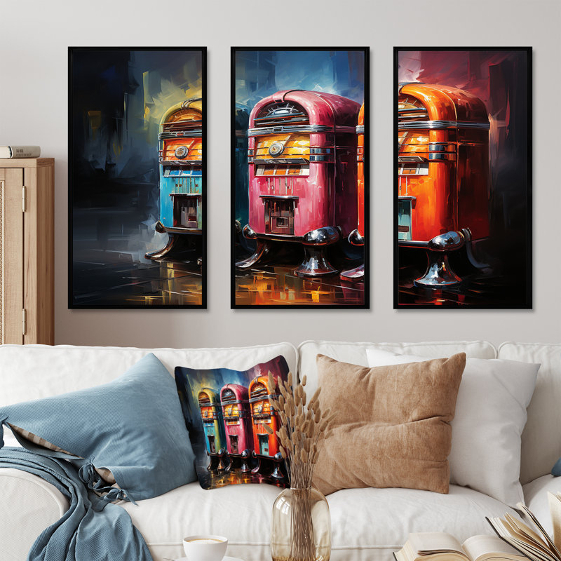 «Colorful Modern Jukebox Jams 2 - Jukeboxes», art mural, Cadre flottant noir, H 32 po x l 48 po x P 1 po