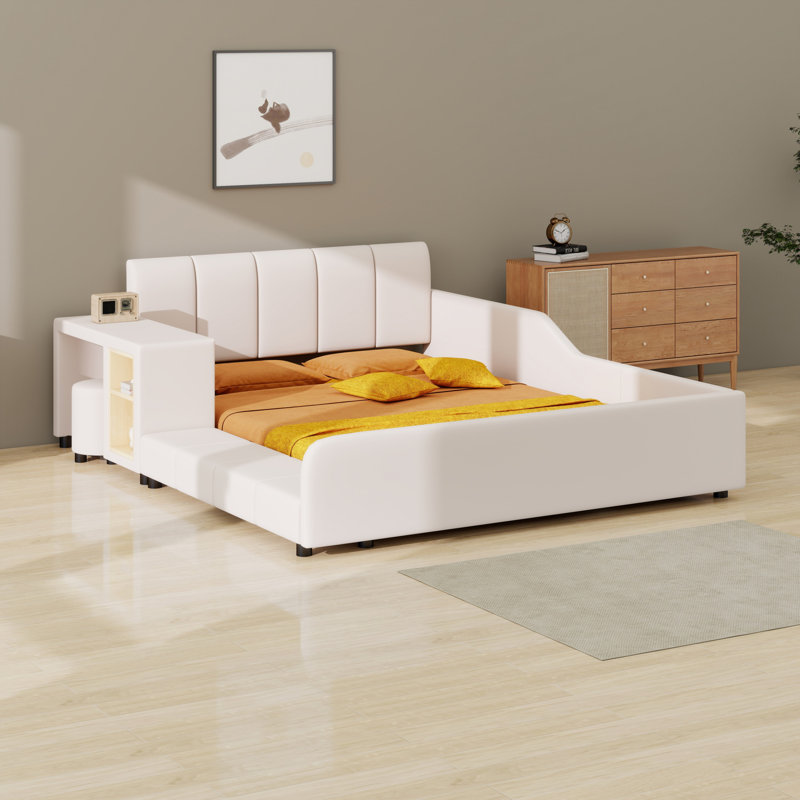 Lit tapissier à la terre, lit mère et enfant avec bureau de chevet et petit tabouret rond, Beige
