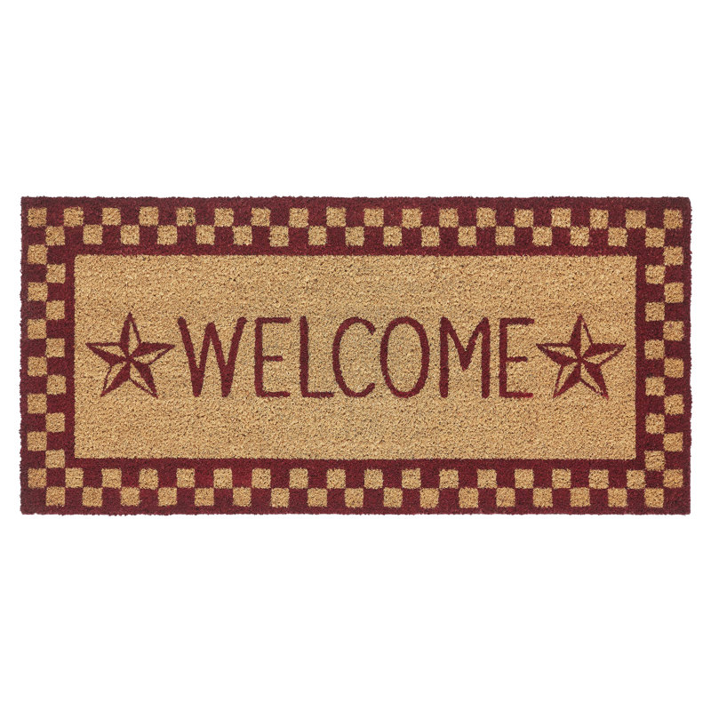 Burgundy Check Stars Coir Welcome Rug Rect, 17" W x 36" L
