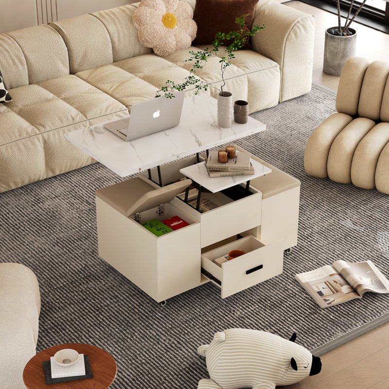 Table basse relevable moderne avec 2 tabourets pour le salon, rangement dissimulé et tiroirs, table de salle à manger pliante et peu encombrante
