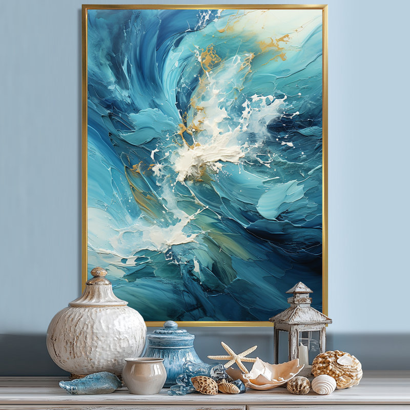 Océan blanc et courants bleus sur toile, Cadre flottant doré, H 44 po x l 34 po x P 1,5 po