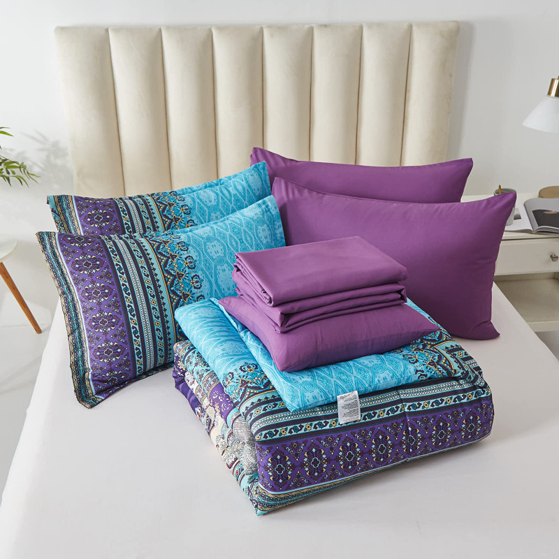8-Piece Bohemian Striped Bedding Quilt Set Comforter and Sheet Set Soft Microfiber Complete Bedding Sets for All Season, Aqua