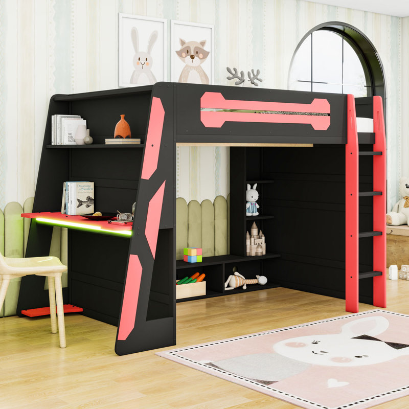 Lit mezzanine double pour jouer et travailler avec bureau intégré et éclairage RVB, Rouge