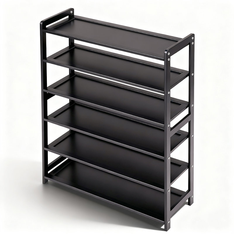 6-Layer Flat Bamboo Shoe Rack, 68*25*89Cm, Black, Black