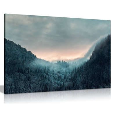 Fir Trees In A Foogy Fores - Wrapped Canvas Print