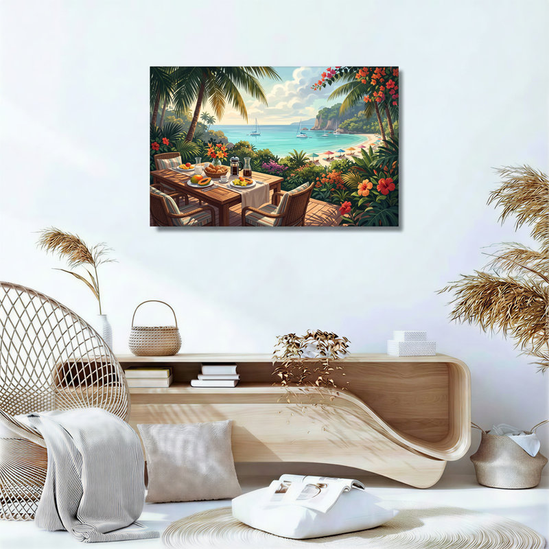 Toile tropicale avec vue sur la plage avec voiliers et palmiers, H 20 po x l 30 po