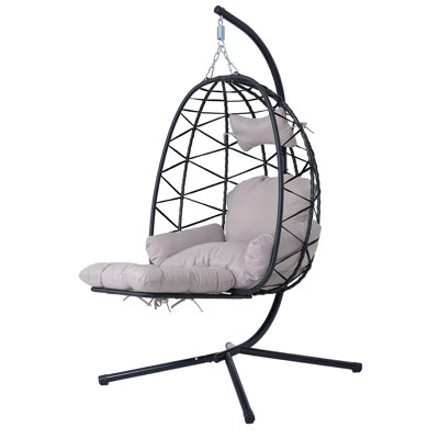 Fauteuil à œufs suspendu avec support, balançoire suspendue d'une capacité de poids de 350 lb avec coussin et oreiller, fauteuil à œufs pliable en rotin d'osier pour balcon de patio intérieur et extérieur (noir et gris)