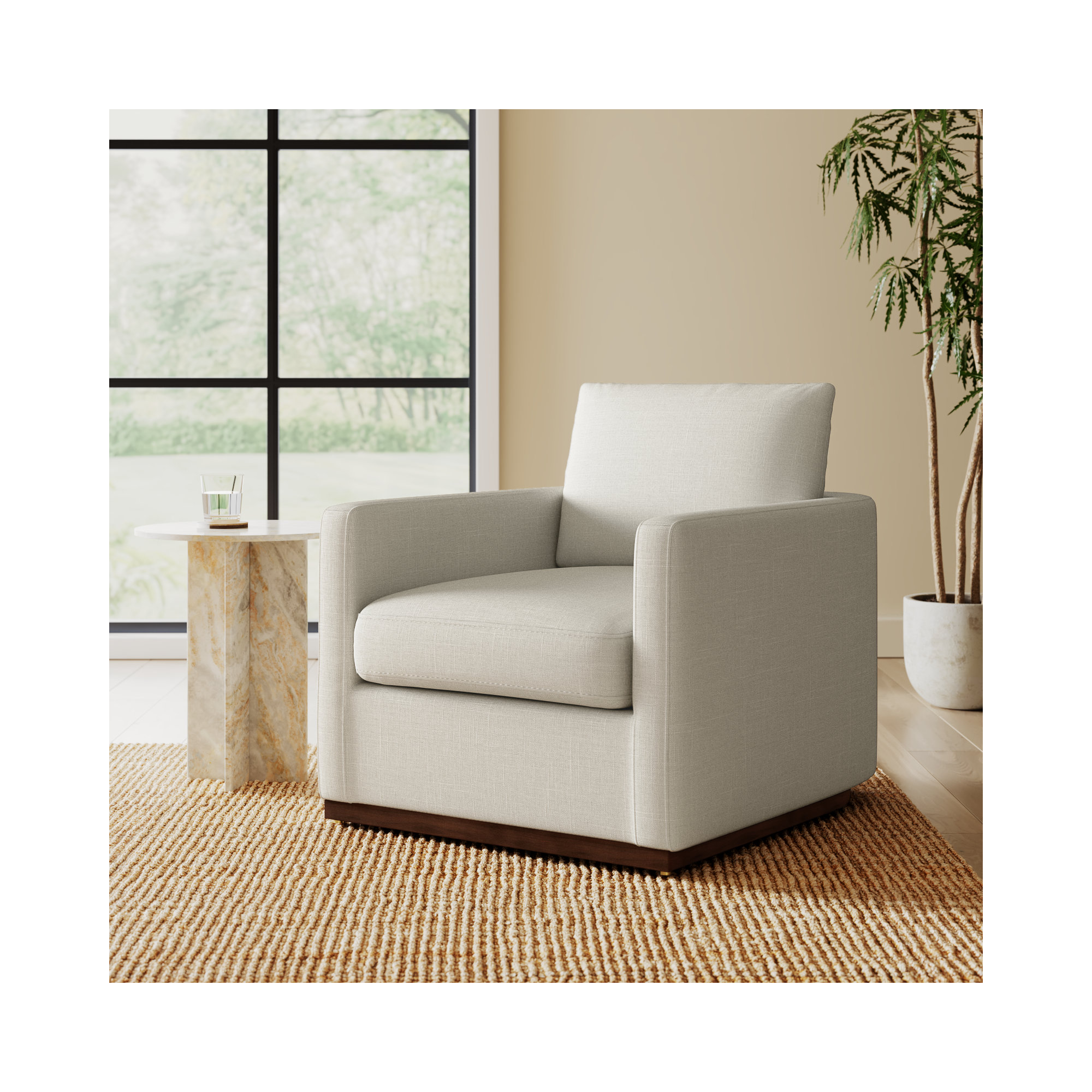 Bobbi Rounded Back Upholstered Swivel Armchair, Effie Linen Performance Linen