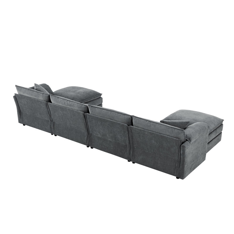 Canapé modulaire en chenille avec siège profond et repose-pieds mobile Chenille, Gris foncé