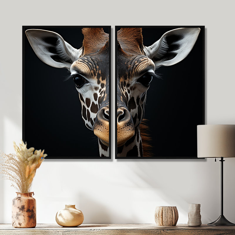 Portrait de girafe noir et blanc I - ensemble d'art mural moderne sur toile 2, 36" H x 48" W, Impression encadrée flottante
