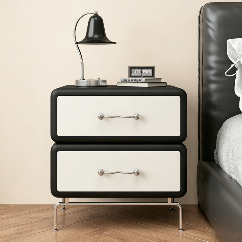 Table de chevet à deux tiroirs couleur noir et blanc H 22,83 po x l 15,75 po, entièrement fabriquée en bois de pin massif avec revêtement en cuir