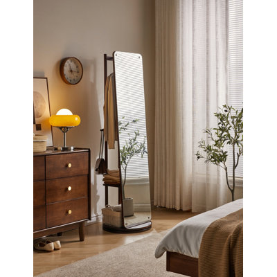 Miroir rotatif pleine grandeur avec portemanteau, miroir de rangement autoportant en bois massif pour le salon de la chambre à coucher