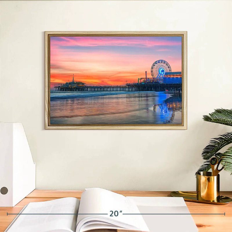 Santa Monica Beach Panorama, Floating Frame Natural Wood, 13" X 9"