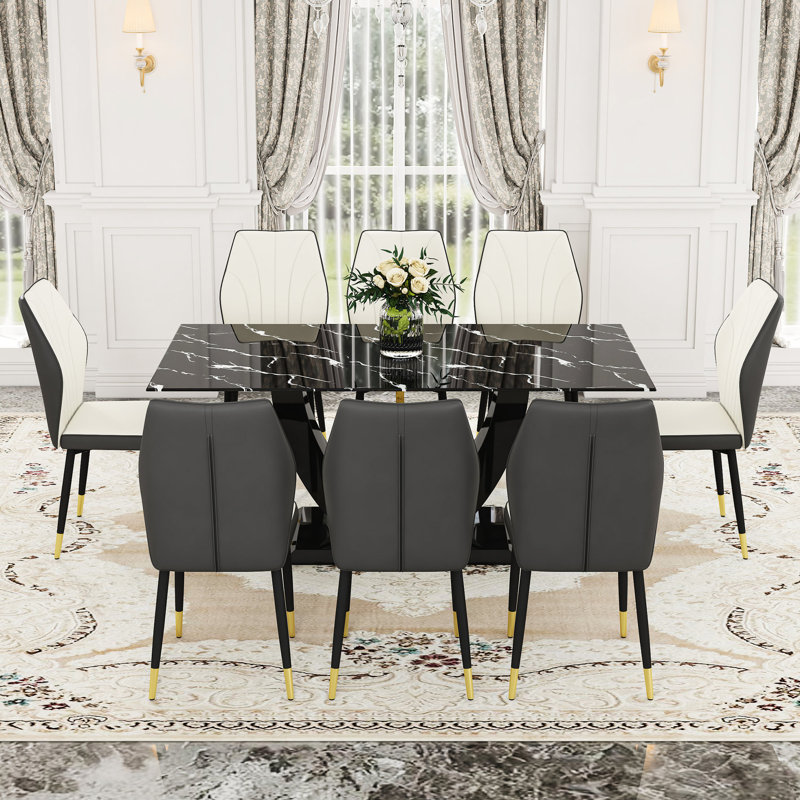 Table de salle à manger en forme de marbre noir avec 8 chaises ergonomiques personnalisables en marbre 71 po x 35,4 po et chaises confortables