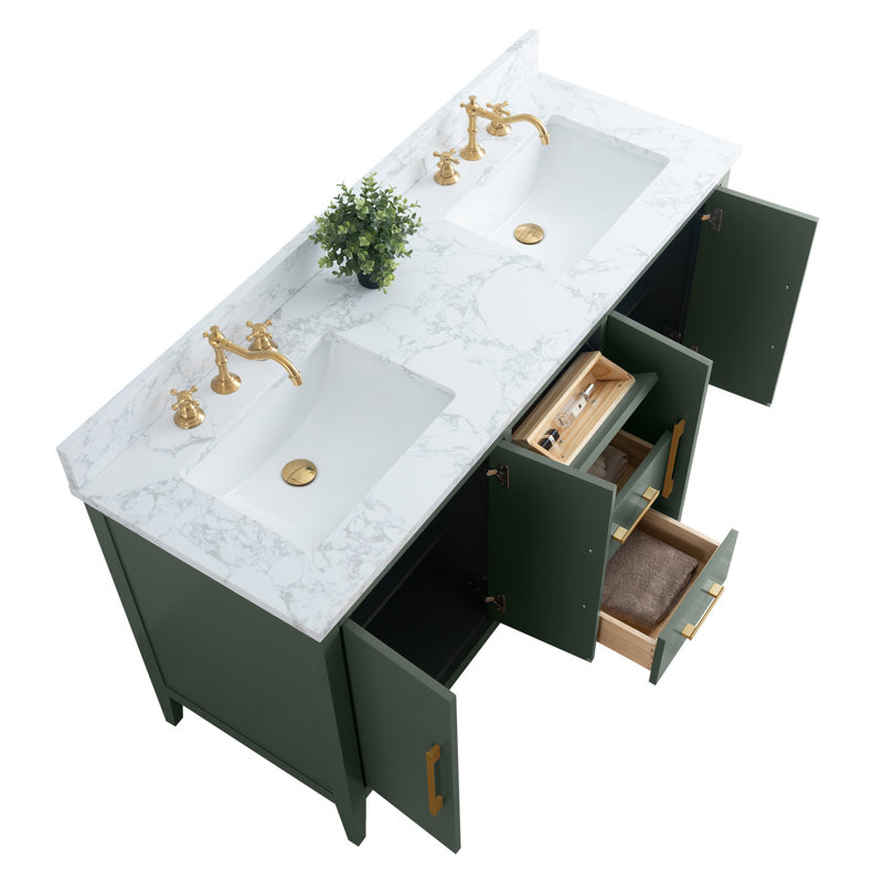 Chambery 60" Double Sink Bathroom Vanity with Engineered Marble Top, Brushed Gold, Vintage Green