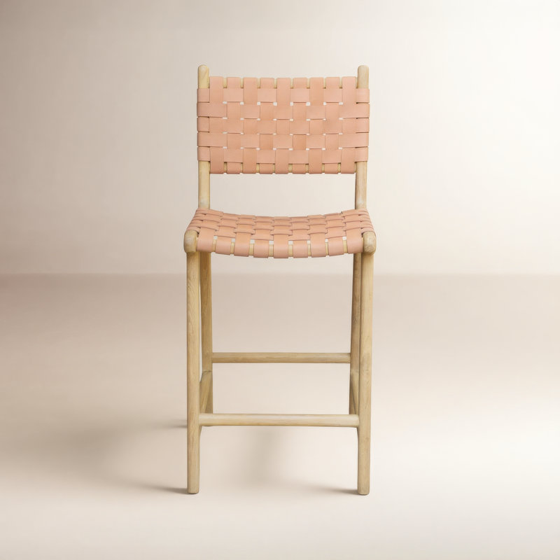 Banda Teak & Woven Leather Counter Height Stool, Russet Natural / Tan