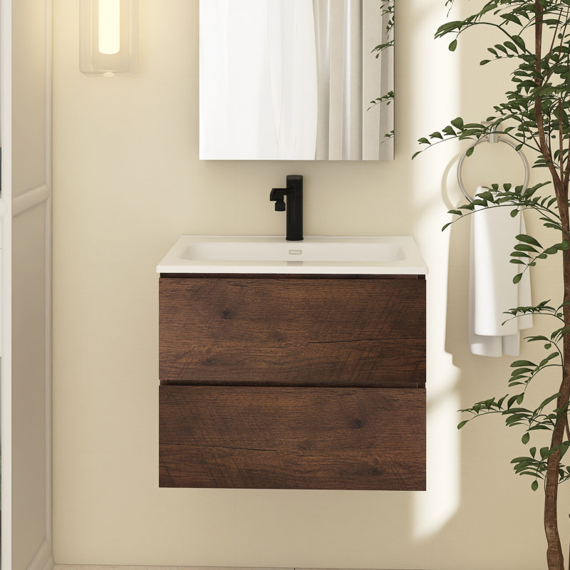Meuble-lavabo simple 24 po avec surface solide Zykaria, Noyer, Simple