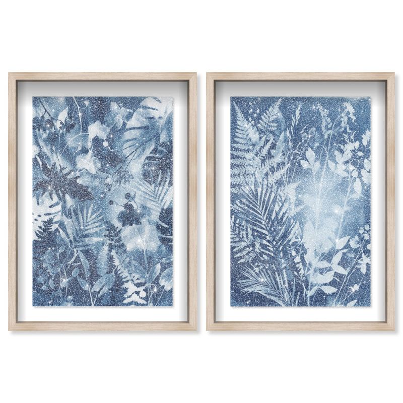 Blue Folliage Set Shadowbox Floral & Botanical Print by Oliver Gal, Black Frame, 10 x 15, 17"H x 25"W, Natural Oak Shadowbox