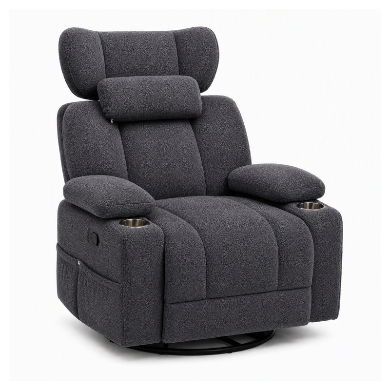 Fauteuil inclinable à bascule pivotant en chenille gris foncé avec coussin de cou amovible
