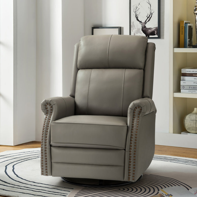 Anouschka 30.5" Wide Swivel Rocking Genuine Leather Manual Recliner, Gray Genuine Leather
