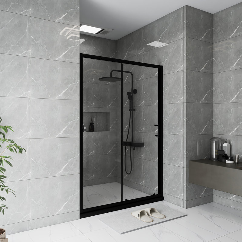 48.In W X 72.In H Single Sliding Shower Door | 1/5 Inch Thick Transparent Tempered Glass | Equipped With Stainless Steel Handle | Minimalist  Style | Black