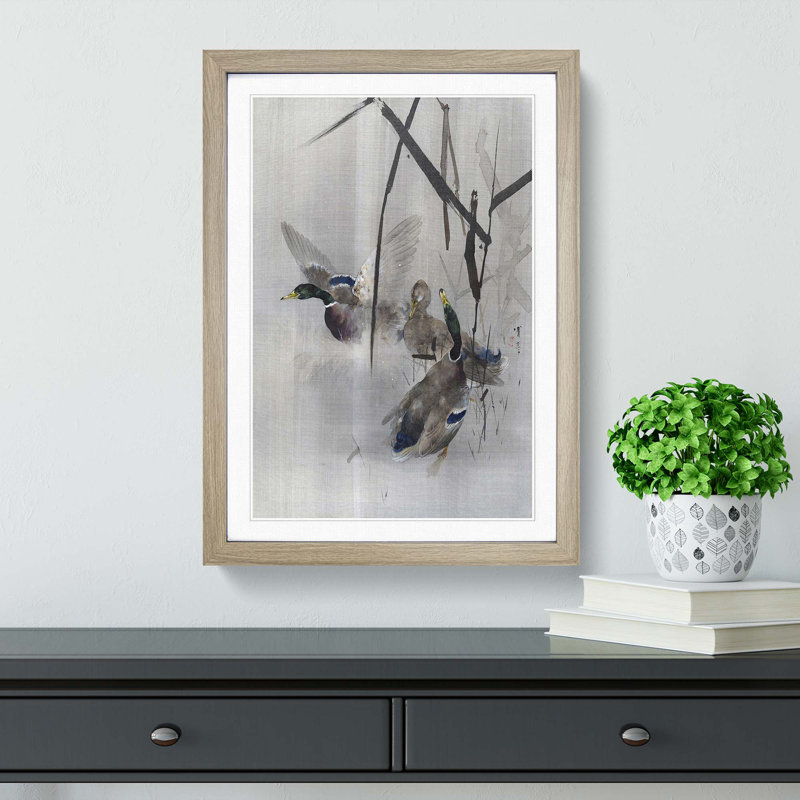 Ducks in the Rushes by Watanabe Seitei - Picture Frame Painting Print, Oak Framed, 36cm H x 27cm W x 2cm D