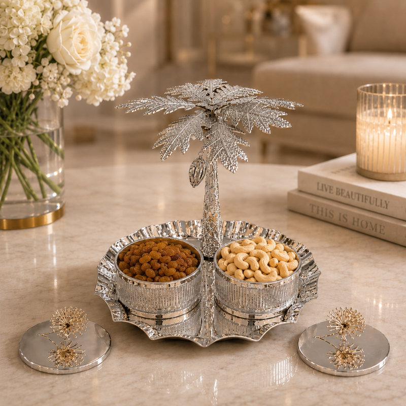 Plateau de service en métal Silver Tree avec 2 bols et couvercles en verre - finition argentée décorative, 24 x 24 x 21,5 cm