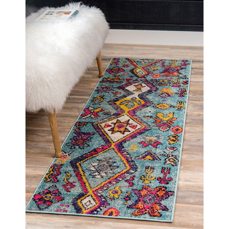 Bleu géométrique Tapis décoratif Sierra, Tapis de couloir 2 pi 2 po x 6 pi 7 po