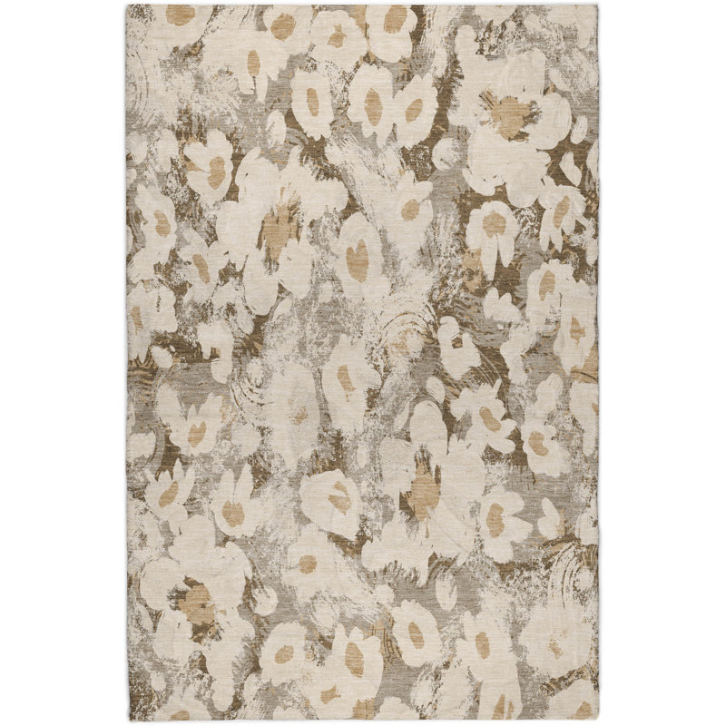 Tapis floral à poil long de qualité supérieure lavable à la machine ADS538, Kaki, 5 pi x 7 pi 6 po