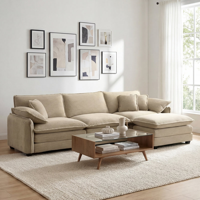 Kaoruko Oversize 3-seater Sofa With One Footrest, L-shaped Sectional Sofa With Ottoman For Living Rooms, Beige Corduroy