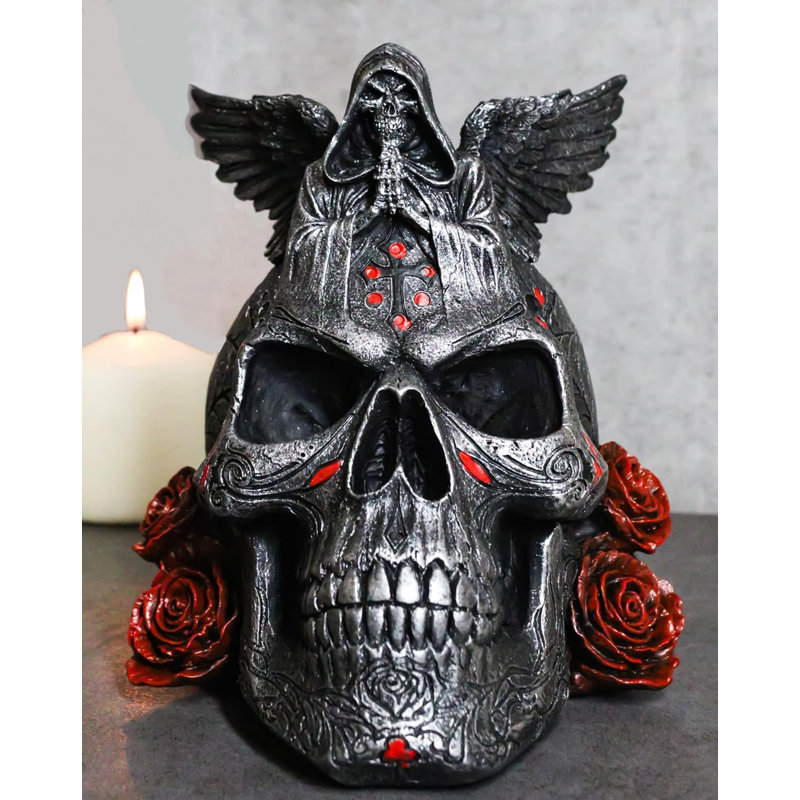 Figurine Grim Reaper squelette ange de la mort priant sur une tête de mort
