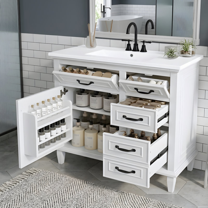 Meuble-lavabo de salle de bain avec lavabo et rangement polyvalent, Blanc, 36