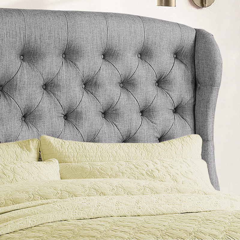 Tête de lit tapissier à oreilles de luxe en lin - Moderne - Hauteur réglable - Capitonnage à boutons, Gris, Grand