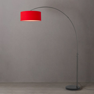 Lampe à arc 92 po Float - nickel noir, base en marbre noir, demi-dôme en lin rouge cramoisi, à intensité variable, ampoule incluse