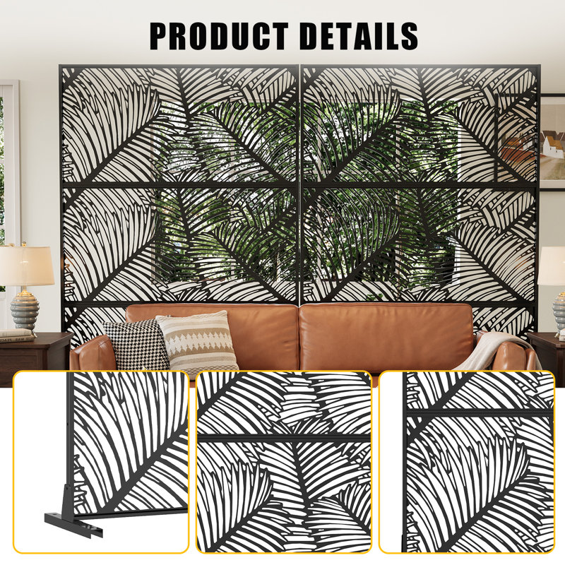 Freestanding Metal Privacy Screen, Laser Cut Decorative Garden Fence Panel with Stand, Rustproof Galvanised Steel Divider, 183x120cm, Black, Palm Leaf Style