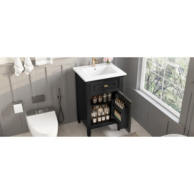 Meuble-lavabo sur pied noir de 50 cm avec lavabo, tiroir inclinable, tablette réglable, finition dorée, poignées à fermeture amortie, idéal pour les petites salles de bain, pieds en bois massif, poignées en alliage de zinc, style moderne